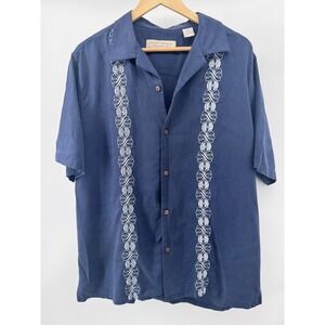 Island Republic Camp Shirt Mens XL Blue Silk Embroidered Coastal Resort